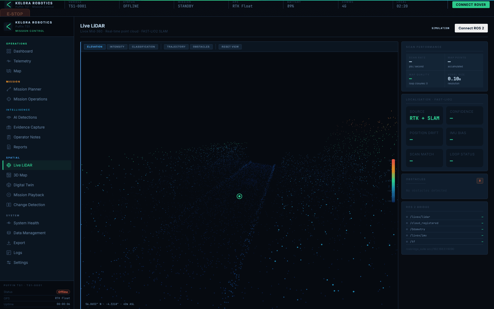 Live LiDAR view showing the FAST-LIO2 SLAM point cloud